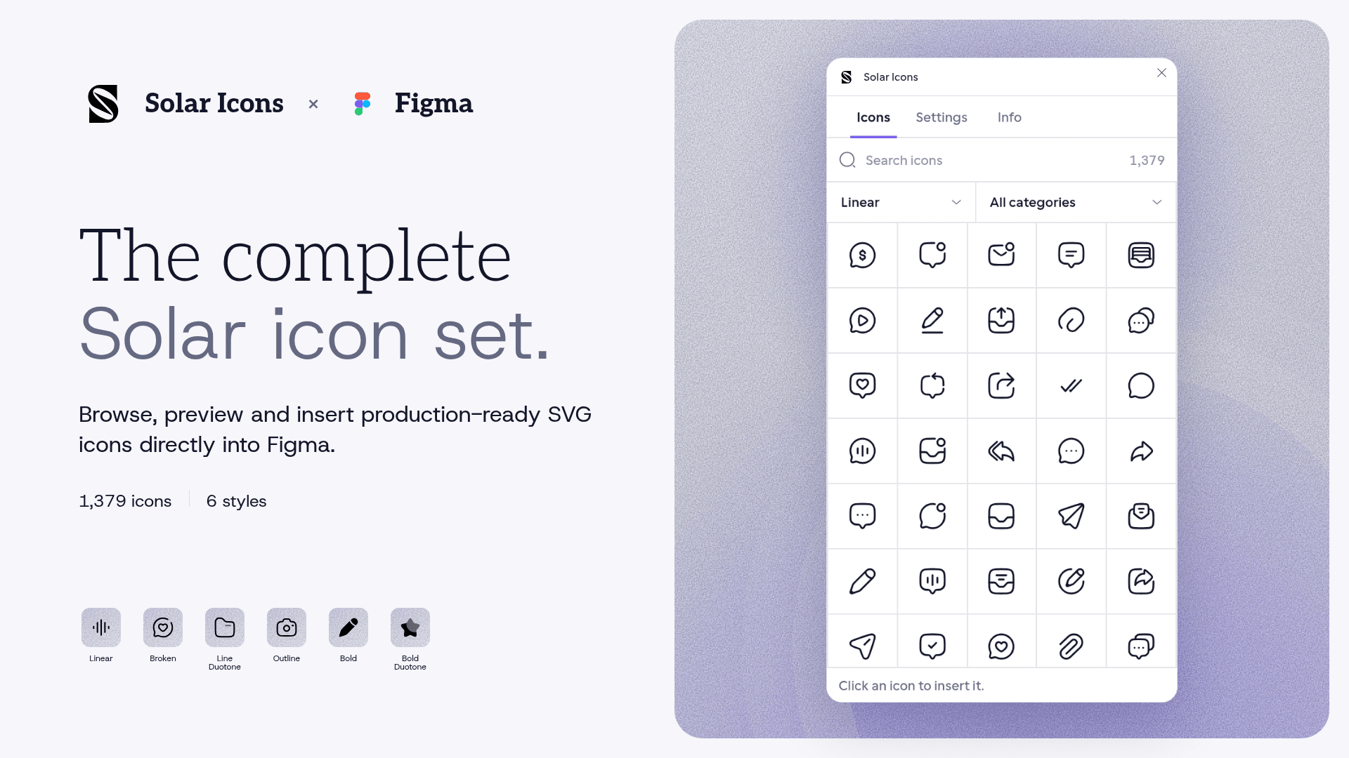 Solar Icons plugin browsing Linear icons in Figma