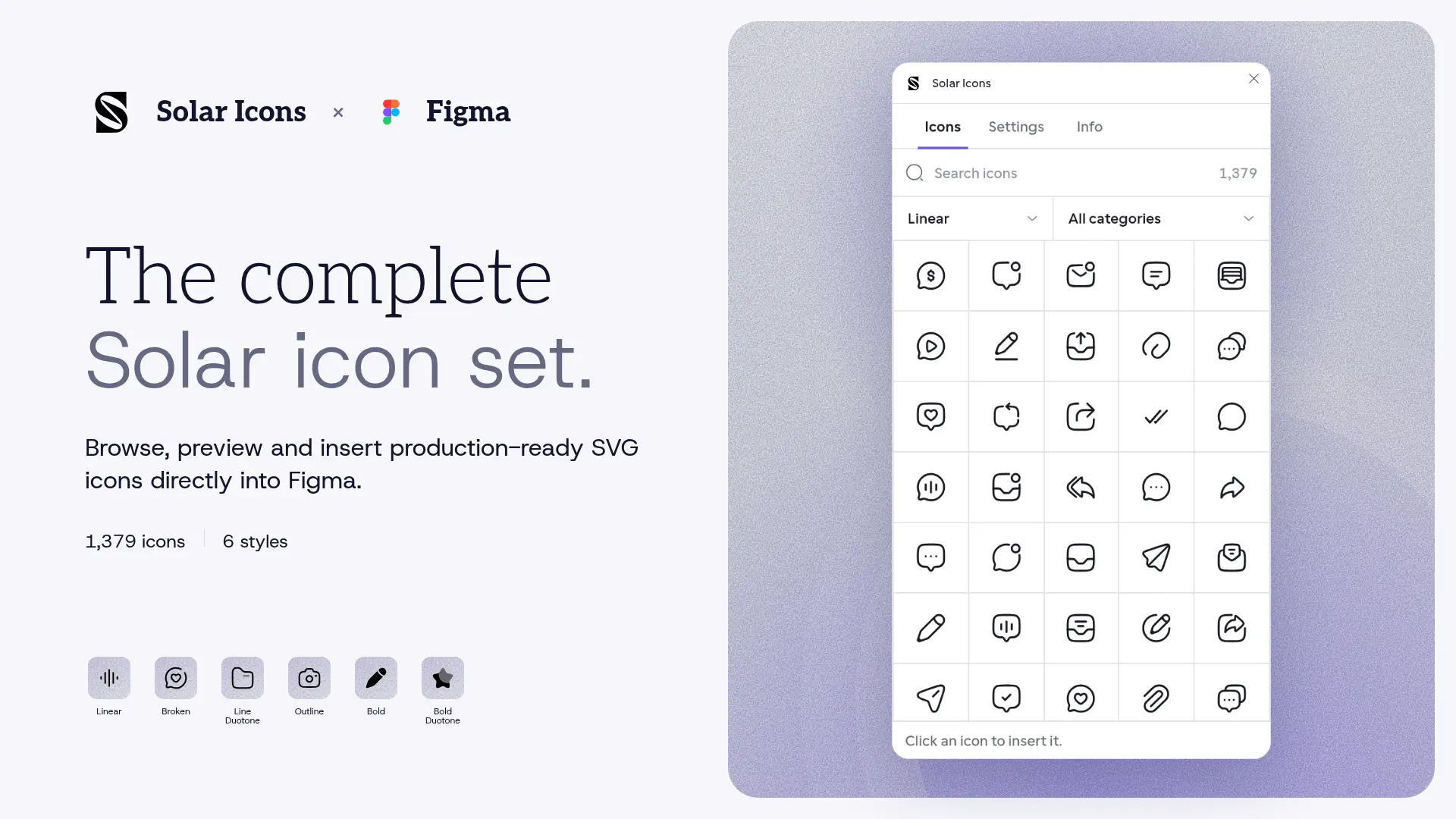 Solar Icons plugin browsing Linear icons in Figma